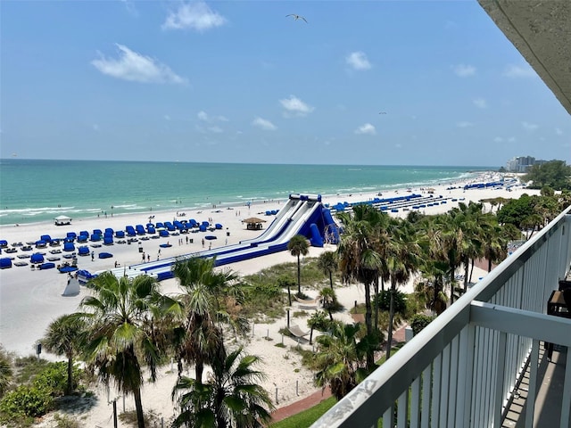 view of water feature with a beach view