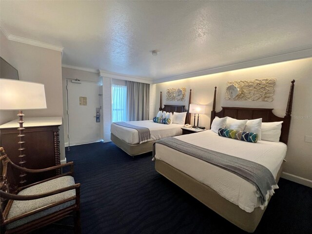 carpeted bedroom featuring a textured ceiling and ornamental molding