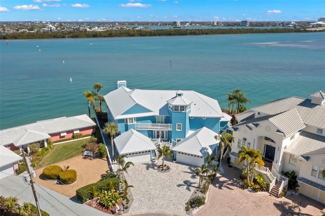 drone / aerial view featuring a water view