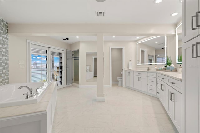 full bathroom featuring vanity, toilet, and plus walk in shower