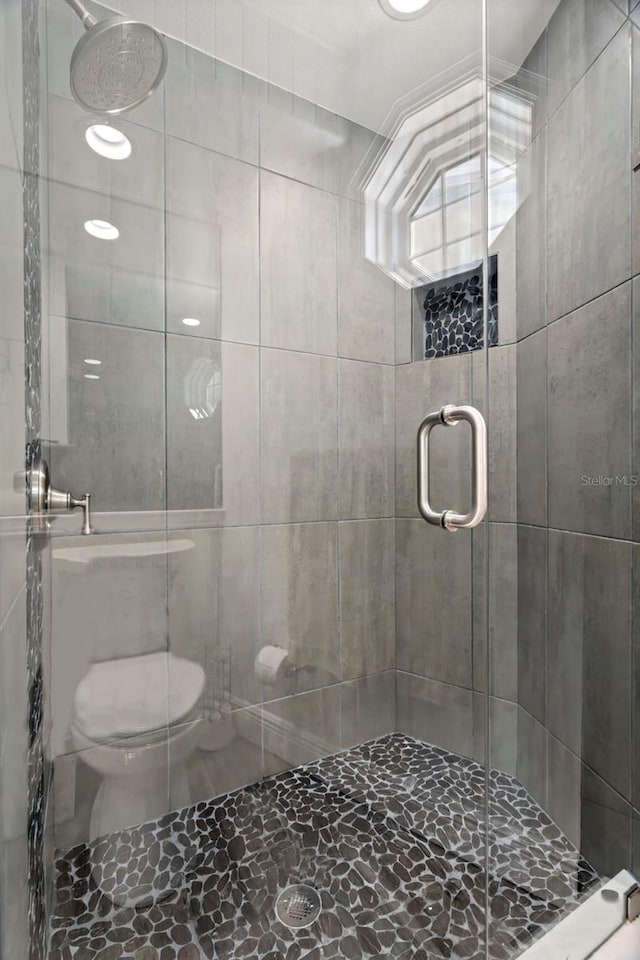 bathroom with toilet and walk in shower