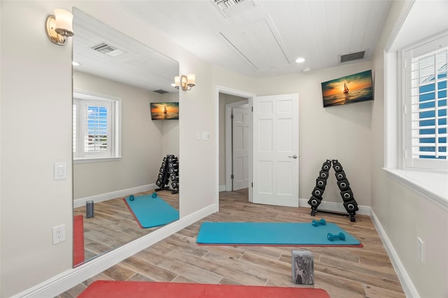 workout room with hardwood / wood-style flooring