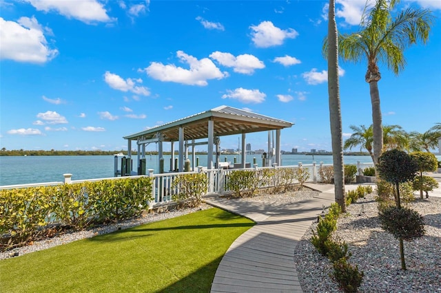 view of dock with a water view