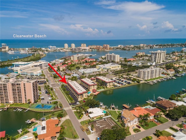 drone / aerial view with a water view