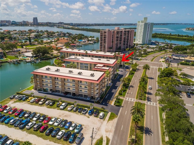 bird's eye view with a water view