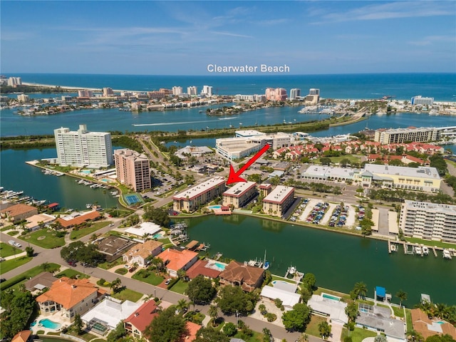 birds eye view of property featuring a water view