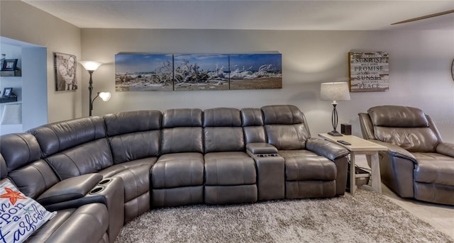 home theater room featuring light carpet