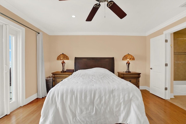 bedroom with multiple windows, ceiling fan, light hardwood / wood-style flooring, and crown molding