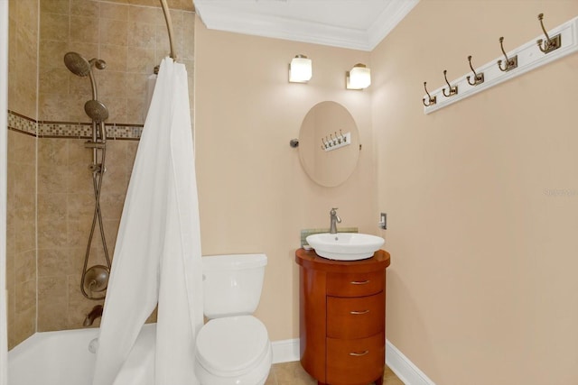 full bathroom with vanity, shower / bathtub combination with curtain, ornamental molding, and toilet