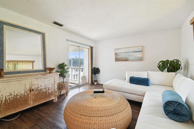 living room featuring a textured ceiling and wood-type flooring