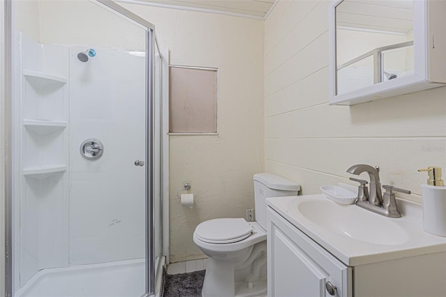 bathroom featuring vanity, a shower stall, and toilet