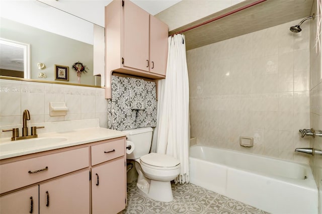 full bathroom featuring vanity, shower / bath combination with curtain, toilet, tile walls, and tasteful backsplash