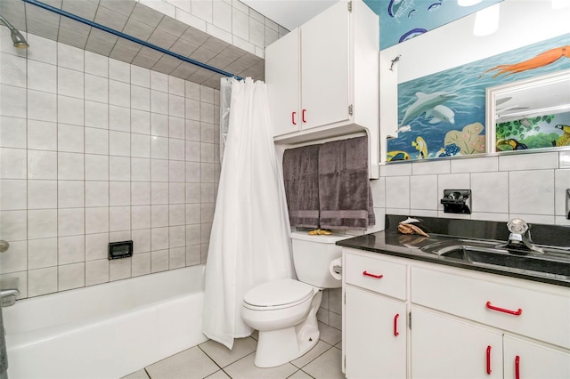 full bathroom featuring tile patterned flooring, decorative backsplash, tile walls, and shower / tub combo