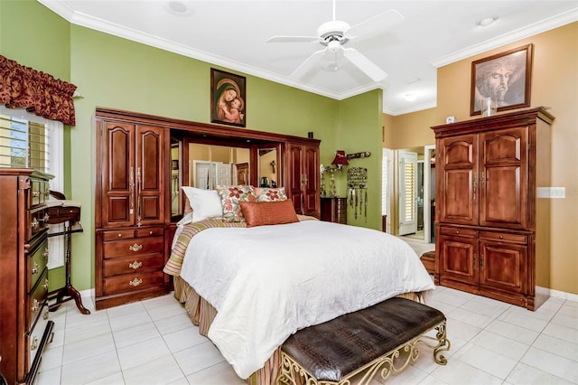 bedroom featuring ceiling fan, crown molding, and light tile patterned flooring