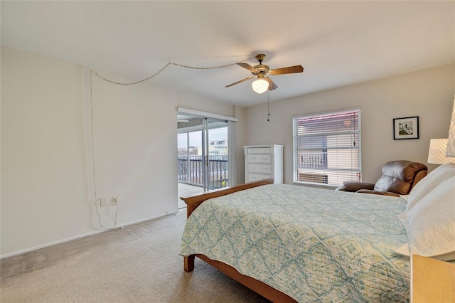 bedroom with access to exterior, ceiling fan, and light colored carpet