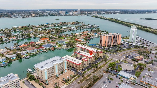 aerial view featuring a water view