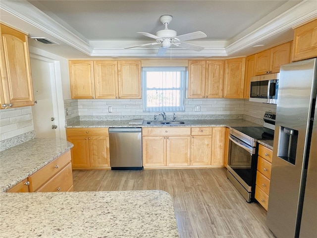 kitchen featuring ceiling fan, sink, stainless steel appliances, a tray ceiling, and decorative backsplash