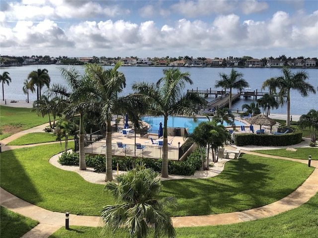 property view of water with a dock