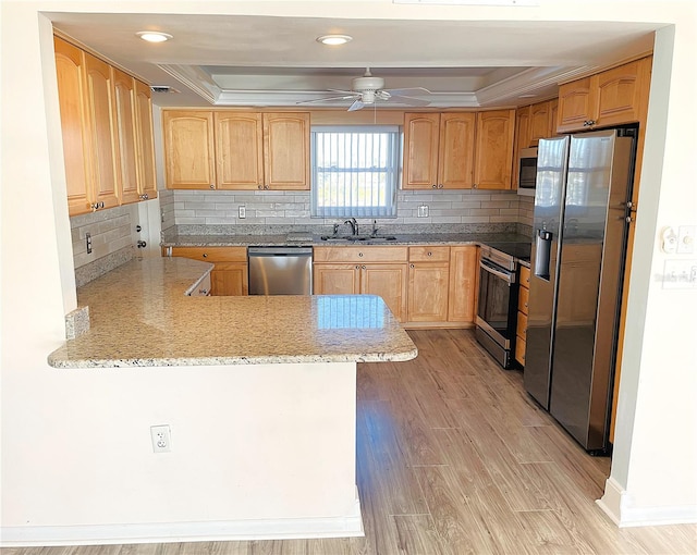 kitchen with a sink, a peninsula, appliances with stainless steel finishes, and a raised ceiling