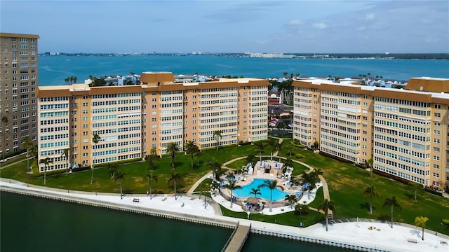 bird's eye view featuring a water view and a view of city