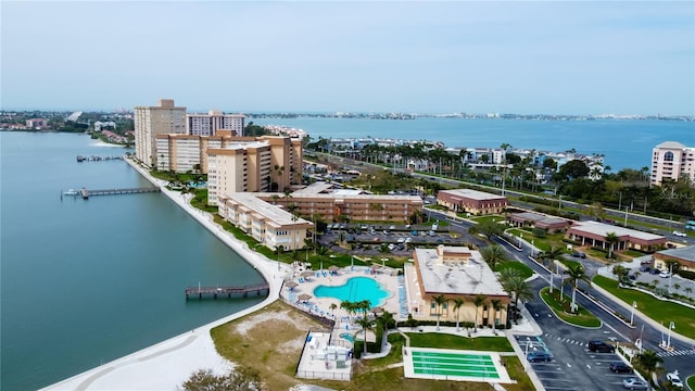 drone / aerial view with a water view