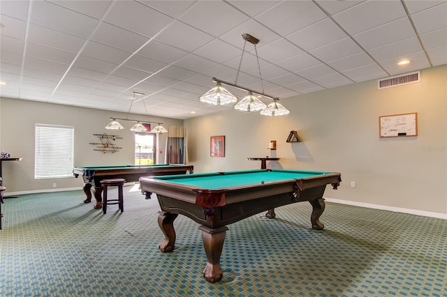 game room featuring a paneled ceiling, pool table, visible vents, carpet flooring, and baseboards