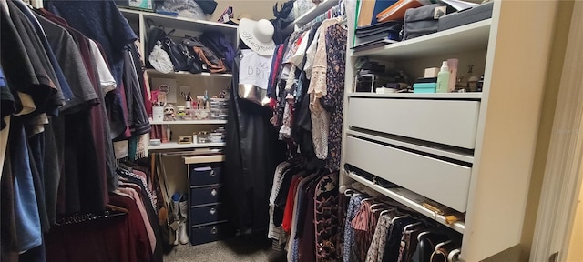 spacious closet featuring dark colored carpet