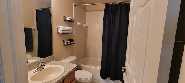 full bathroom with toilet, shower / bathtub combination with curtain, and vanity