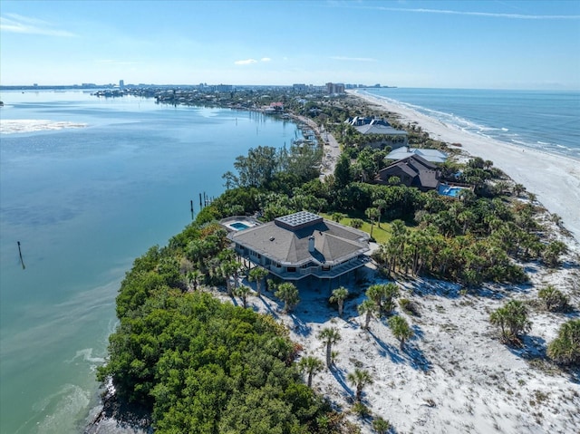 aerial view featuring a beach view and a water view