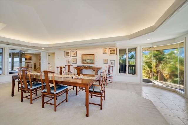 tiled dining room featuring a tray ceiling