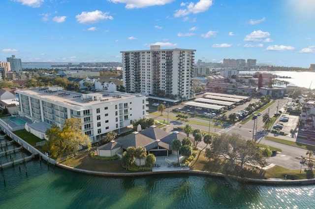 drone / aerial view with a water view