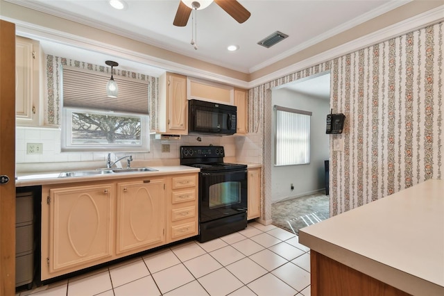 kitchen with sink, light brown cabinets, hanging light fixtures, black appliances, and ornamental molding