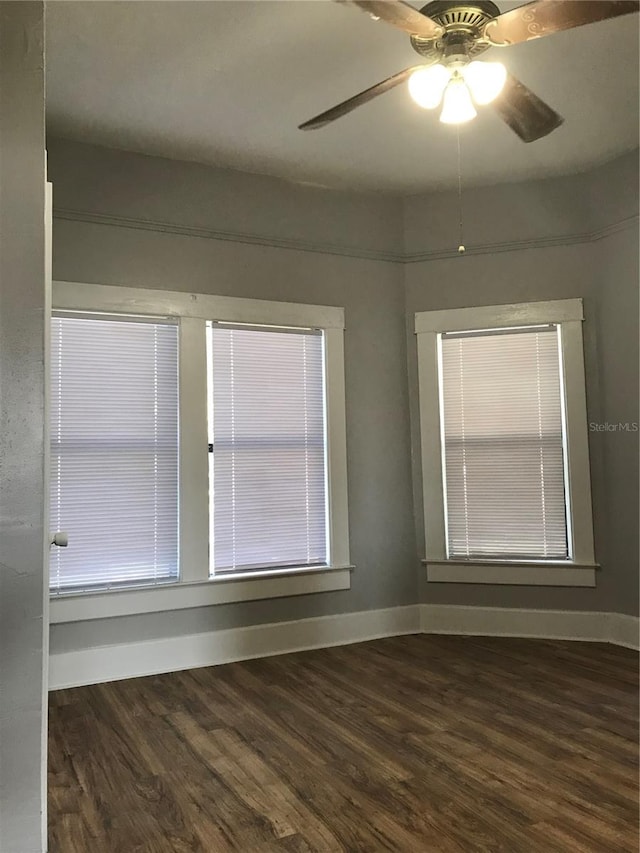 empty room with ceiling fan and dark hardwood / wood-style flooring