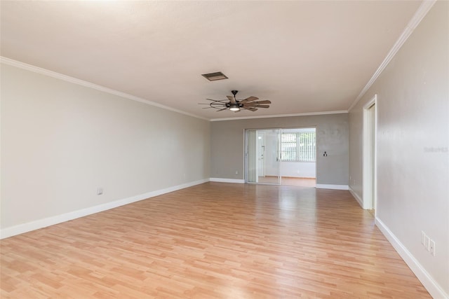 spare room featuring ceiling fan, crown molding, and light hardwood / wood-style flooring