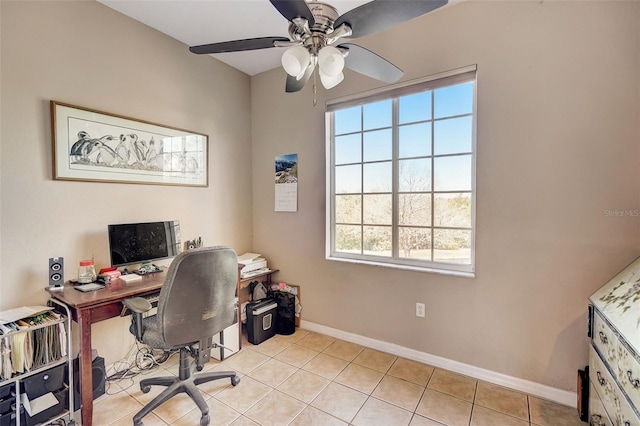 home office featuring a ceiling fan, baseboards, and light tile patterned floors