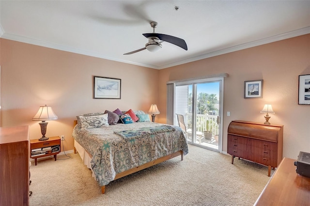 carpeted bedroom with ceiling fan, ornamental molding, and access to outside