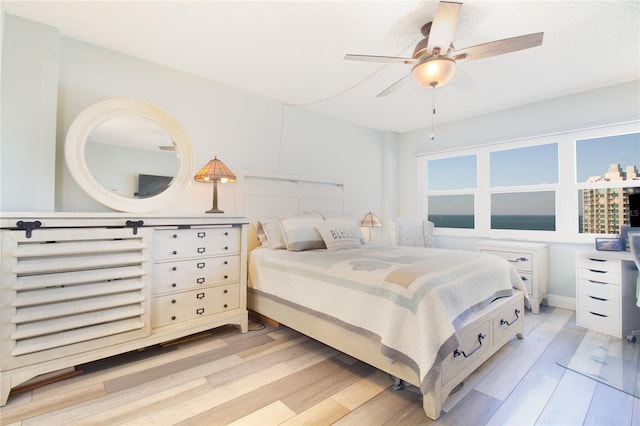 bedroom with light hardwood / wood-style floors and ceiling fan