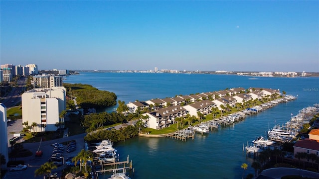 bird's eye view with a water view