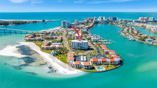 birds eye view of property featuring a water view