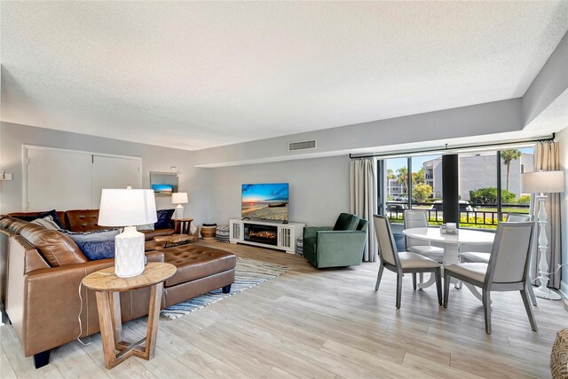 living room featuring a textured ceiling and light hardwood / wood-style floors