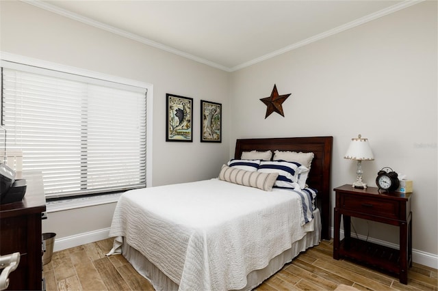 bedroom with ornamental molding and light wood-type flooring