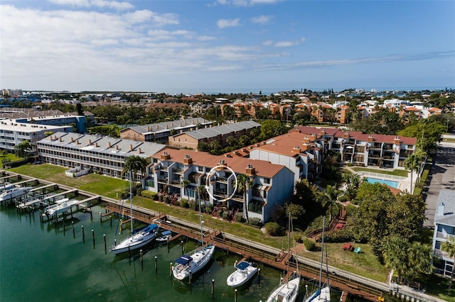 bird's eye view with a water view