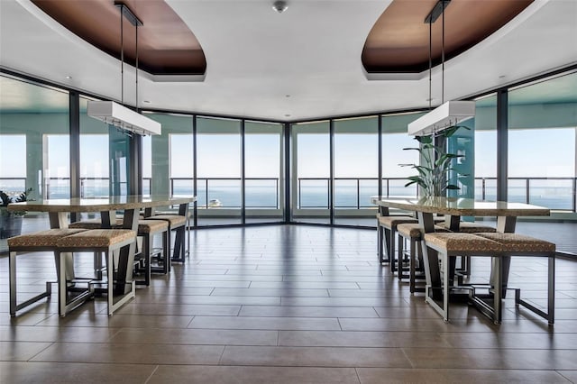 interior space with plenty of natural light, floor to ceiling windows, and a raised ceiling