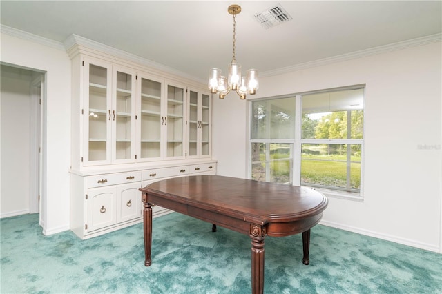 office space featuring light carpet, crown molding, and a notable chandelier