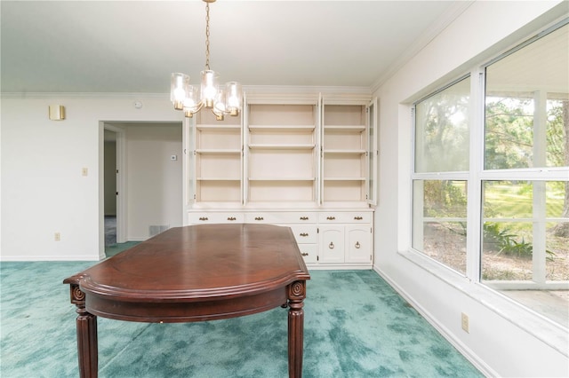 unfurnished dining area featuring a notable chandelier, crown molding, and carpet floors