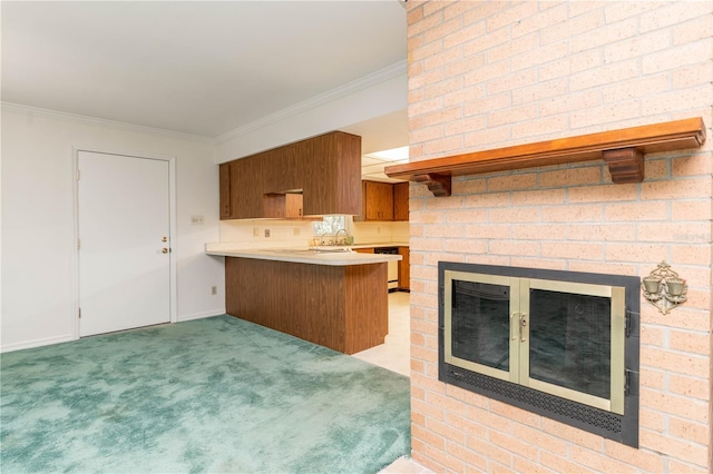 kitchen with light carpet and brick wall