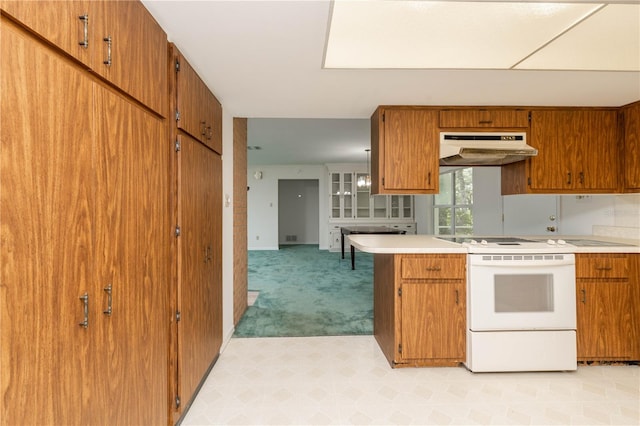 kitchen featuring light tile floors, kitchen peninsula, and white electric stove