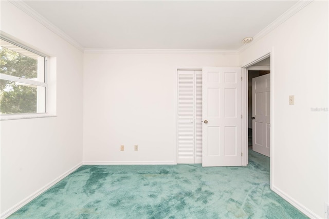 unfurnished bedroom featuring a closet, light carpet, and crown molding