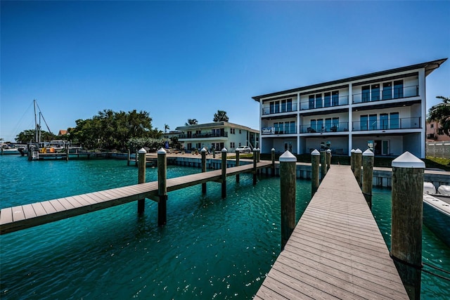 view of dock with a water view and a balcony