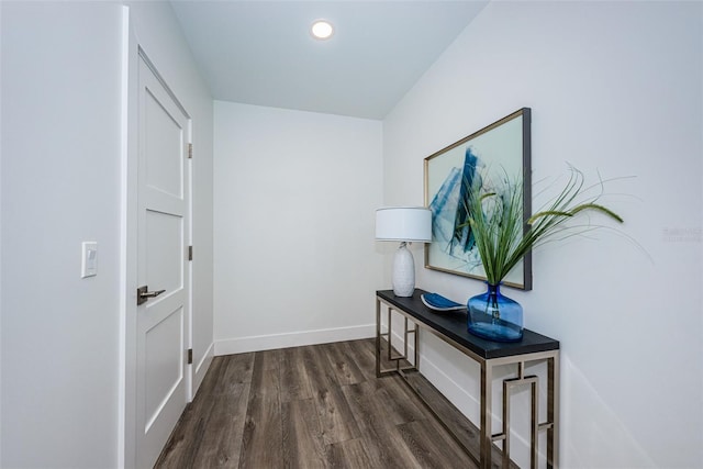 doorway with dark hardwood / wood-style flooring